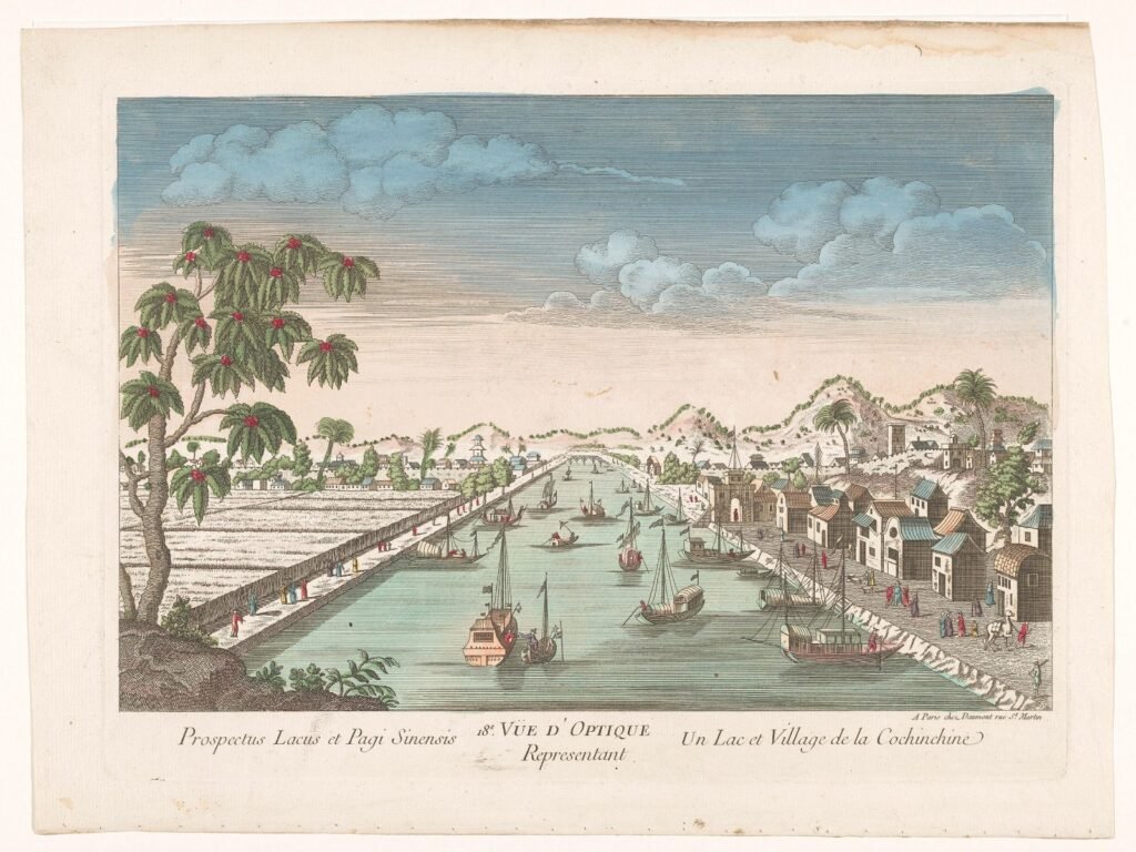 Scene of a Mekong Delta town in 18th century. Watercolour lithograph by Jean Francois Daumont circa 1760. Credit Wikipedia - Top Cities in South Vietnam: The Ultimate Travel Guide